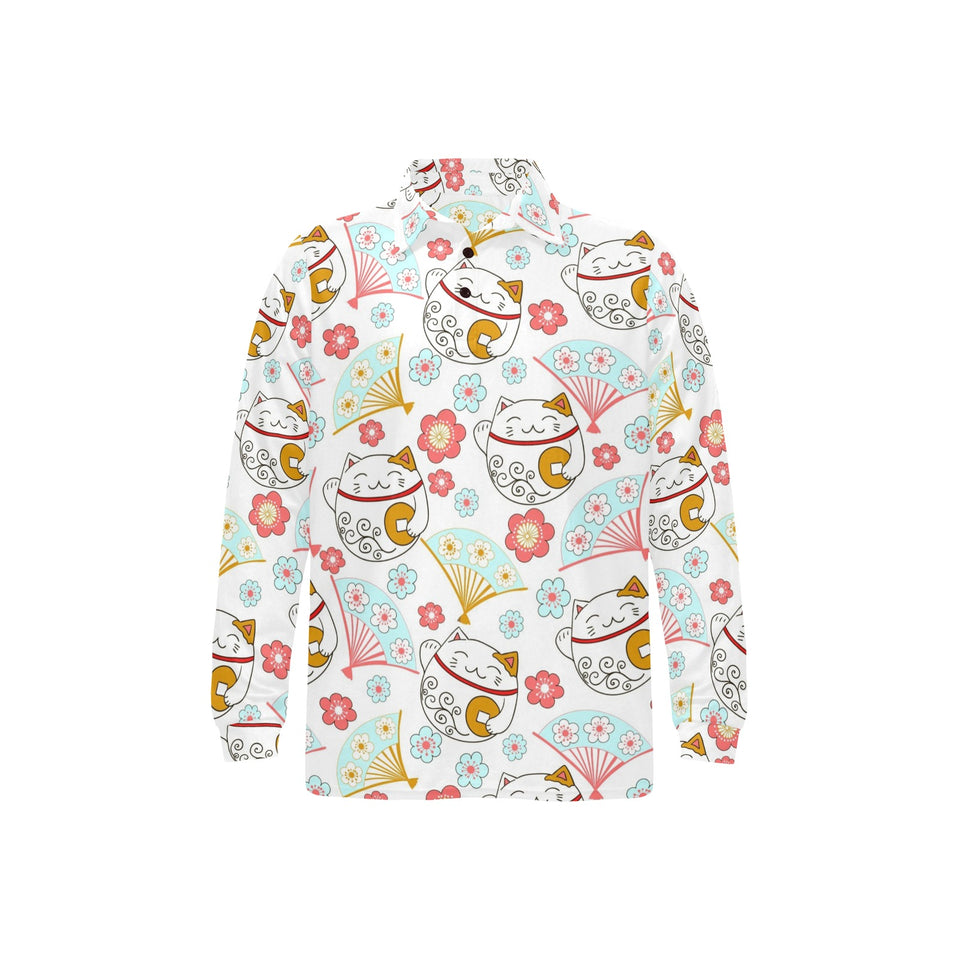 Maneki neko cat fan sakura Men's Long Sleeve Polo Shirt