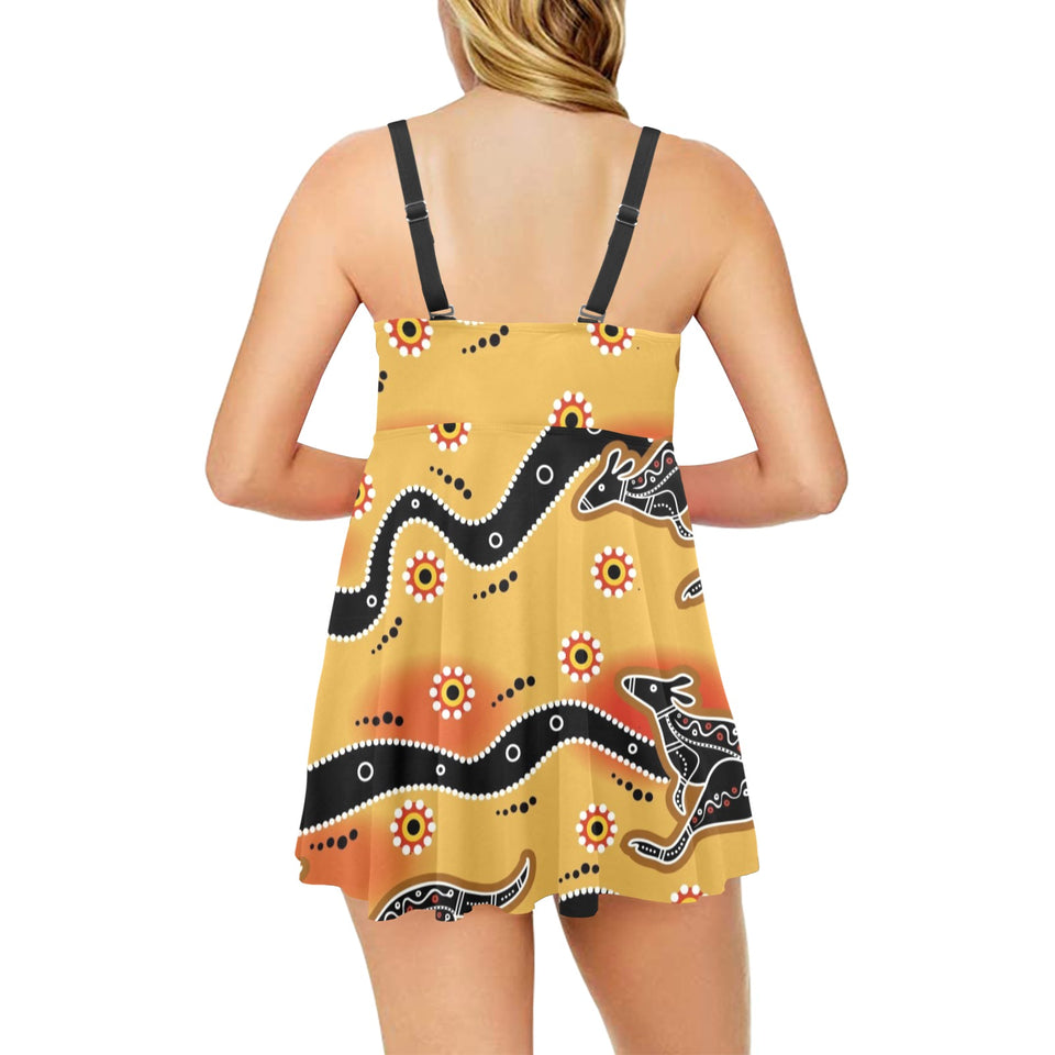 Kangaroo Australian aboriginal art pattern Chest Sexy Pleated Two Piece Swim Dress