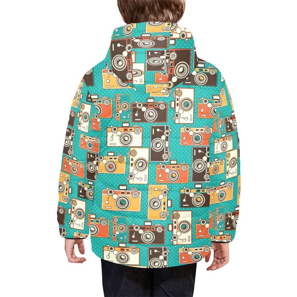 Camera Pattern Print Design 03 Kids' Boys' Girls' Padded Hooded Jacket