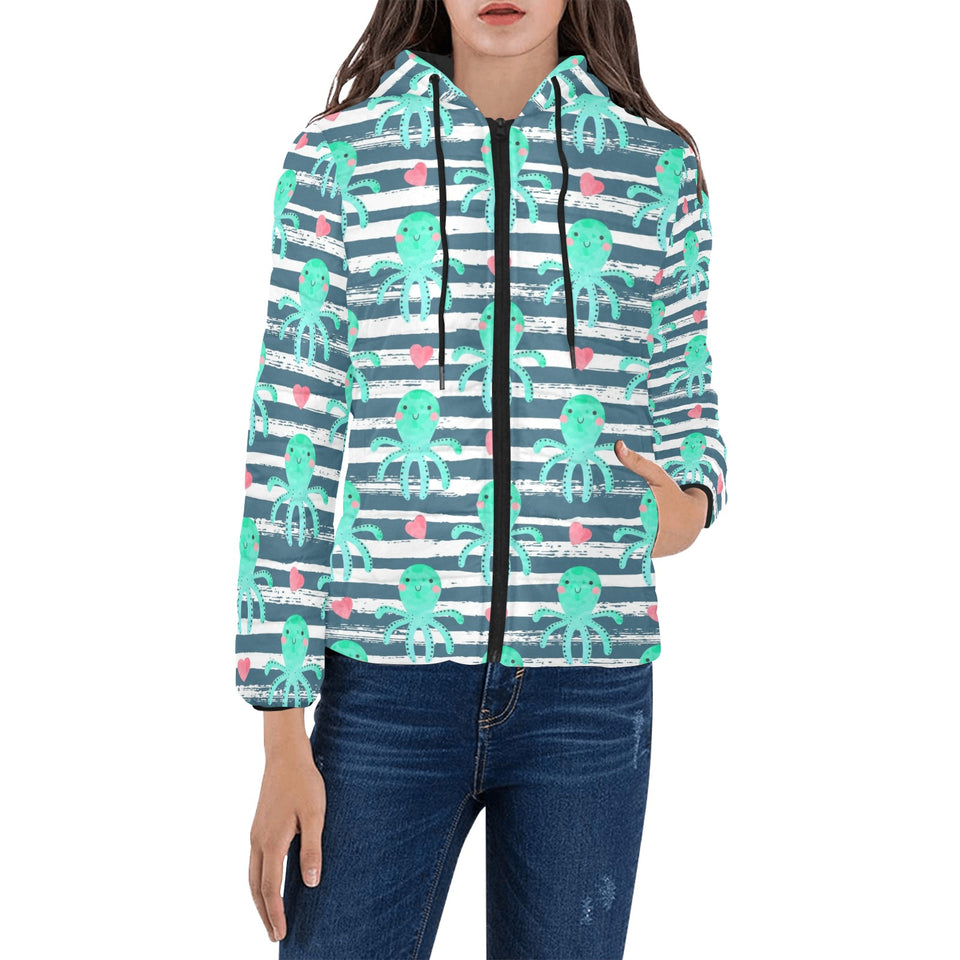 Cute octopuses heart striped background Women's Padded Hooded Jacket