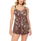 Coffee bean flower pattern Chest Sexy Pleated Two Piece Swim Dress