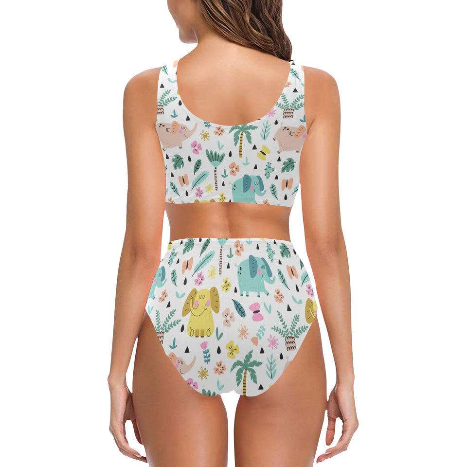 Cute elephants palm tree flower butterfly pattern Chest Bowknot High Waisted Bikini Swimsuit