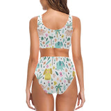 Cute elephants palm tree flower butterfly pattern Chest Bowknot High Waisted Bikini Swimsuit