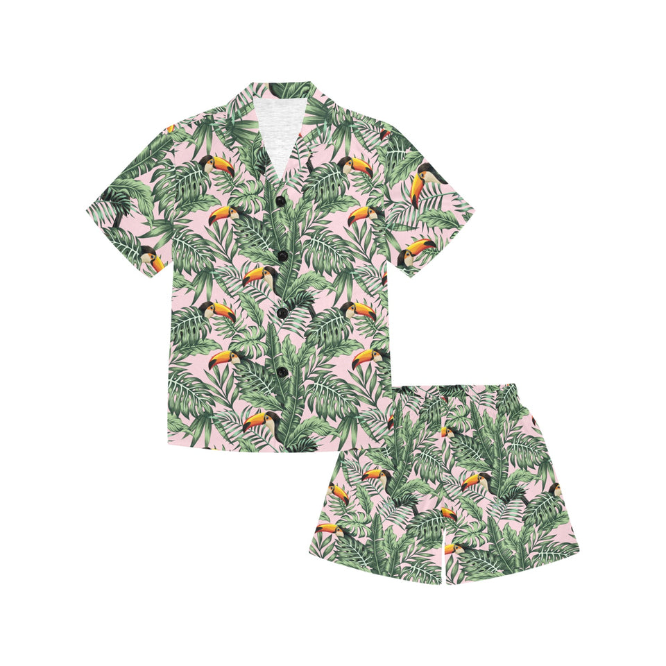 Toucan tropical green jungle palm pattern Kids' Boys' Girls' V-Neck Short Pajama Set