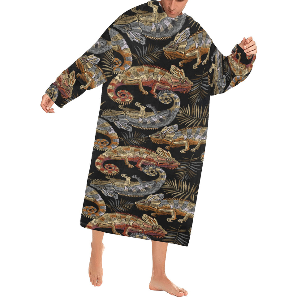 Chameleon lizard tropical leaves palm tree Blanket Robe with Sleeves