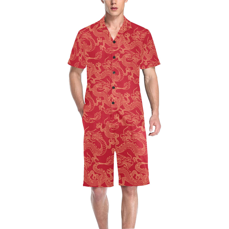 Gold dragons red background Men's V-Neck Short Pajama Set