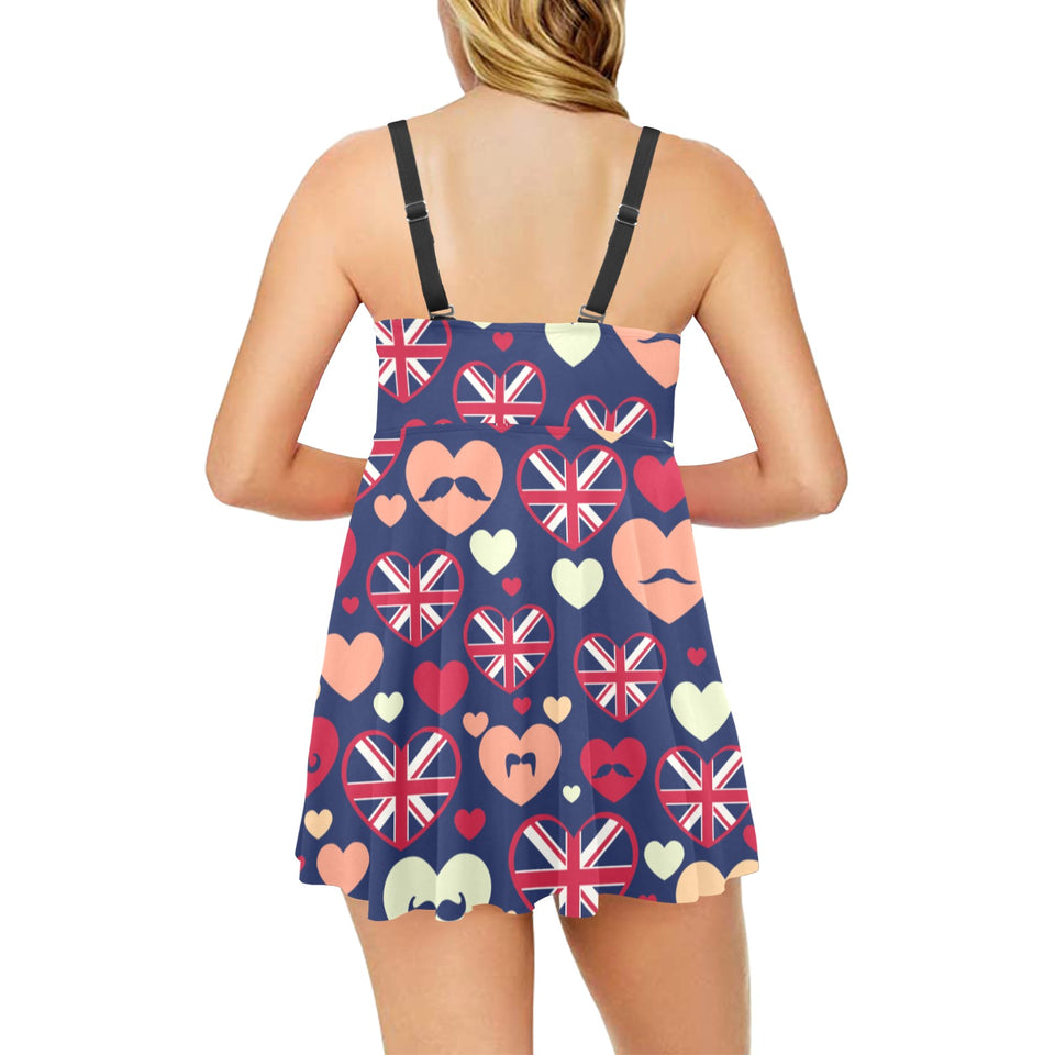 British Pattern Print Design 02 Chest Sexy Pleated Two Piece Swim Dress