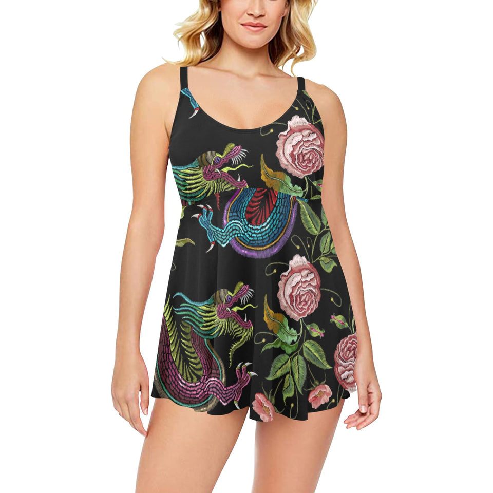 Dragons flower pattern Chest Sexy Pleated Two Piece Swim Dress