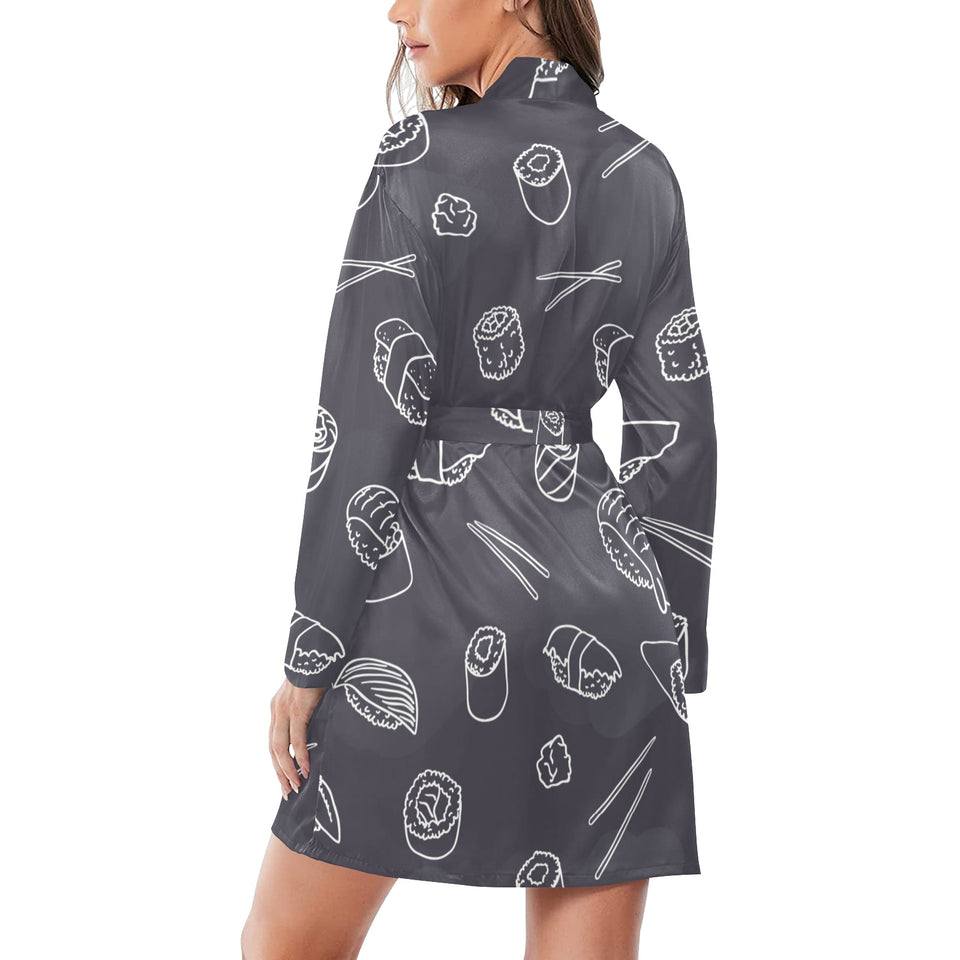 sushi pattern black background Women's Long Sleeve Belted Night Robe