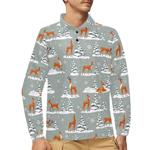 Beautiful deers Winter Christmas Men's Long Sleeve Polo Shirt