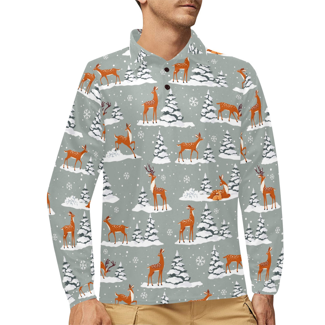 Beautiful deers Winter Christmas Men's Long Sleeve Polo Shirt