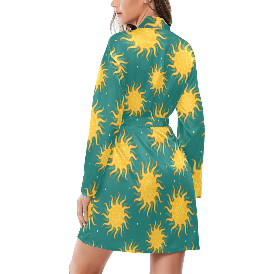 Sun green background Women's Long Sleeve Belted Night Robe