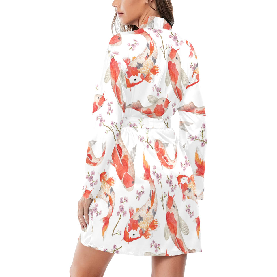 Watercolor Koi Fish Carp Fish pattern Women's Long Sleeve Belted Night Robe