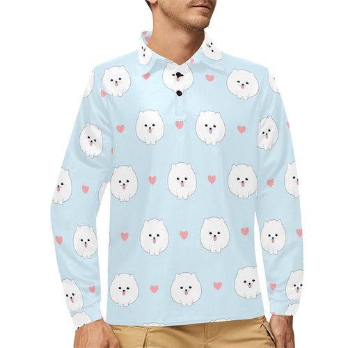 White cute pomeranian pattern Men's Long Sleeve Polo Shirt