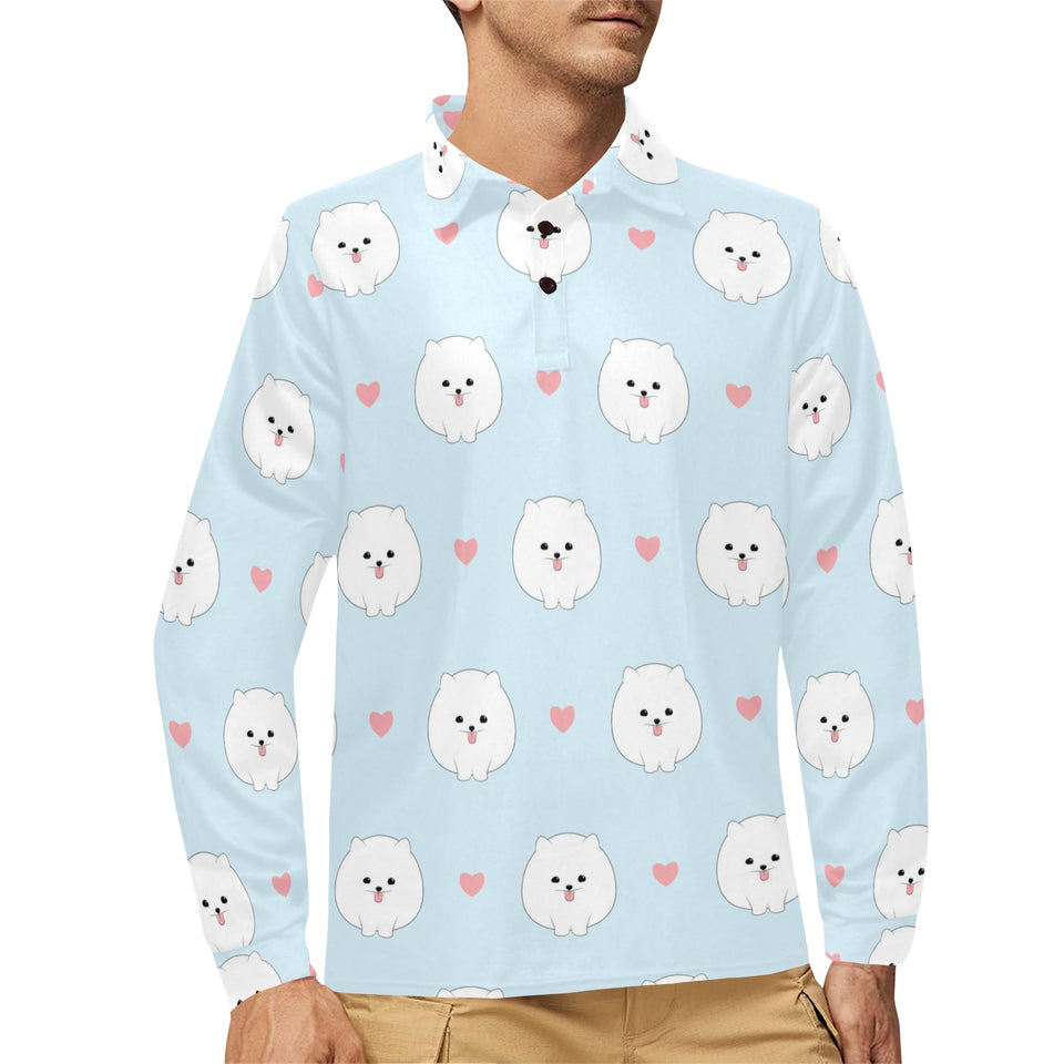 White cute pomeranian pattern Men's Long Sleeve Polo Shirt