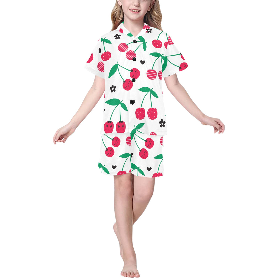 cherry pattern white background Kids' Boys' Girls' V-Neck Short Pajama Set