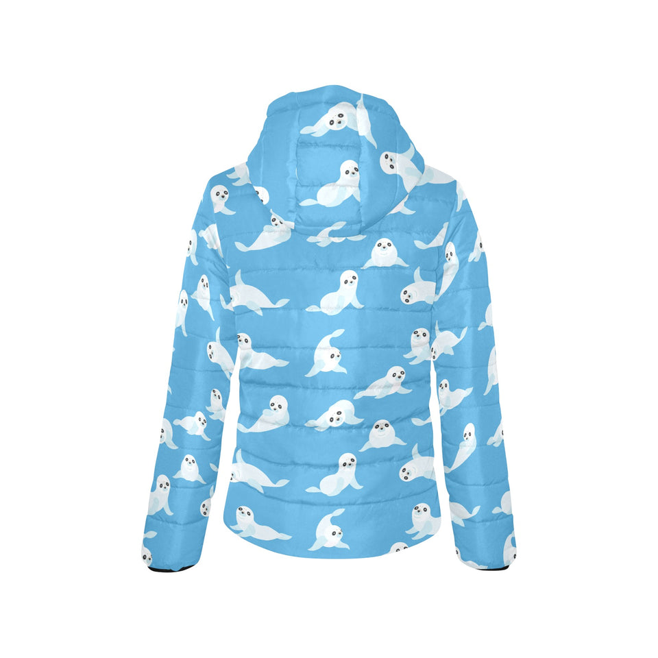 Cute sea lion seal pattern background Women's Padded Hooded Jacket