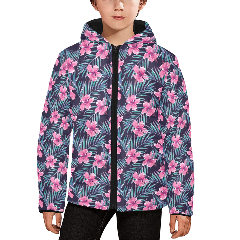 Hibiscus Pattern Print Design 05 Kids' Boys' Girls' Padded Hooded Jacket