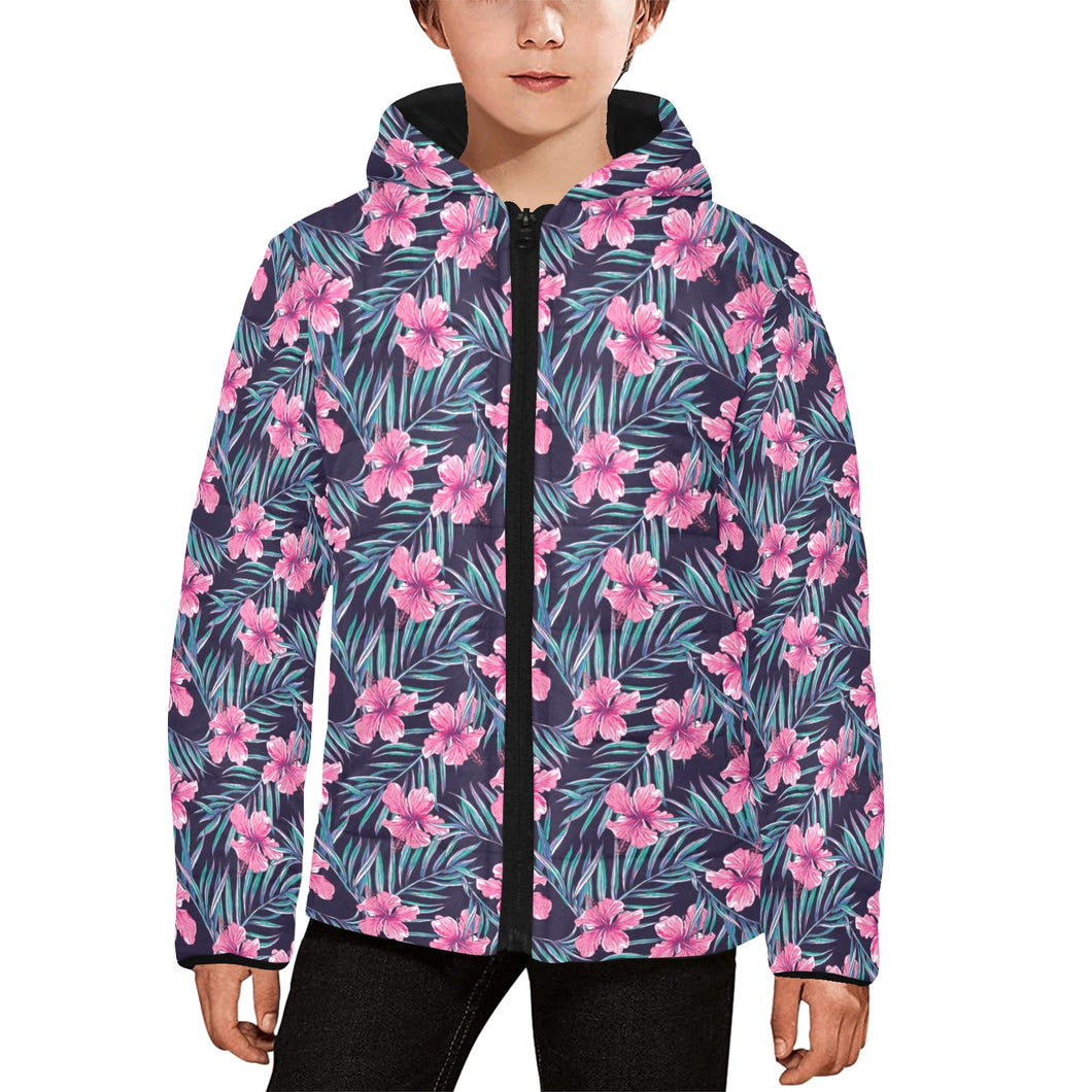 Hibiscus Pattern Print Design 05 Kids' Boys' Girls' Padded Hooded Jacket