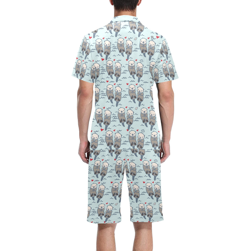 Lovely Sea Otter Pattern Men's V-Neck Short Pajama Set