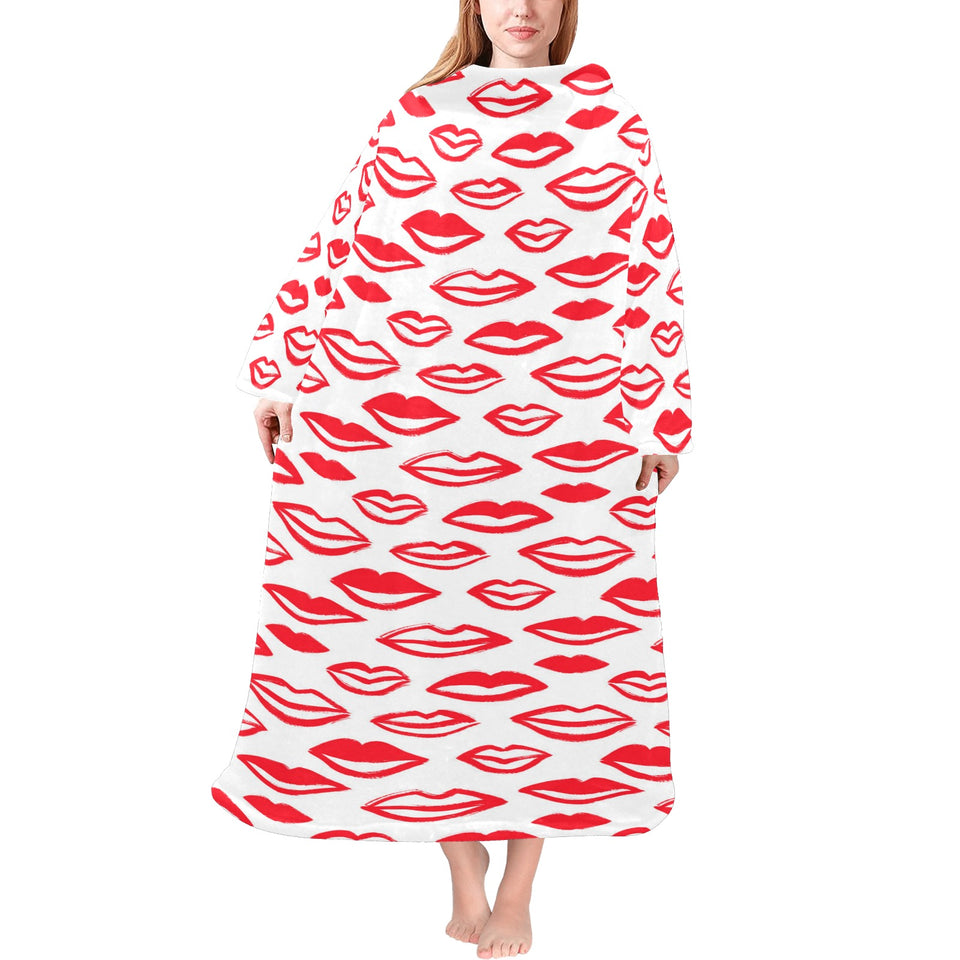 Lips Pattern Print Design 05 Blanket Robe with Sleeves