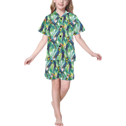 Colorful parrot exotic flower leaves Kids' Boys' Girls' V-Neck Short Pajama Set