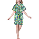 Colorful parrot exotic flower leaves Kids' Boys' Girls' V-Neck Short Pajama Set