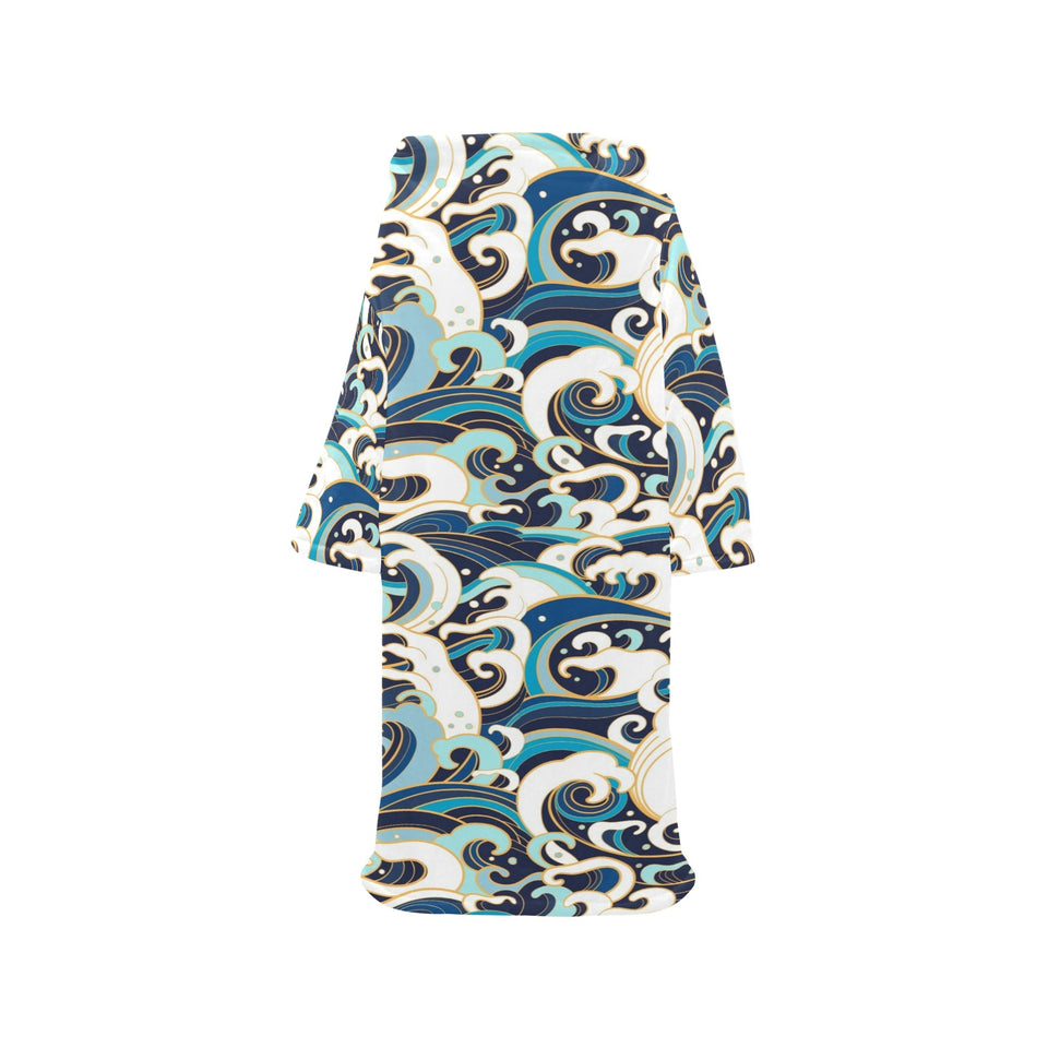 Japanese wave pattern Blanket Robe with Sleeves