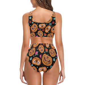 Pumpkin flowers spiderweb Halloween theme Chest Bowknot High Waisted Bikini Swimsuit