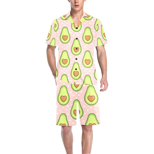 Avocado heart pink background Men's V-Neck Short Pajama Set