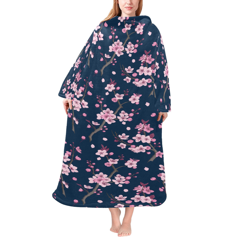 Pink sakura cherry blossom blue background Blanket Robe with Sleeves