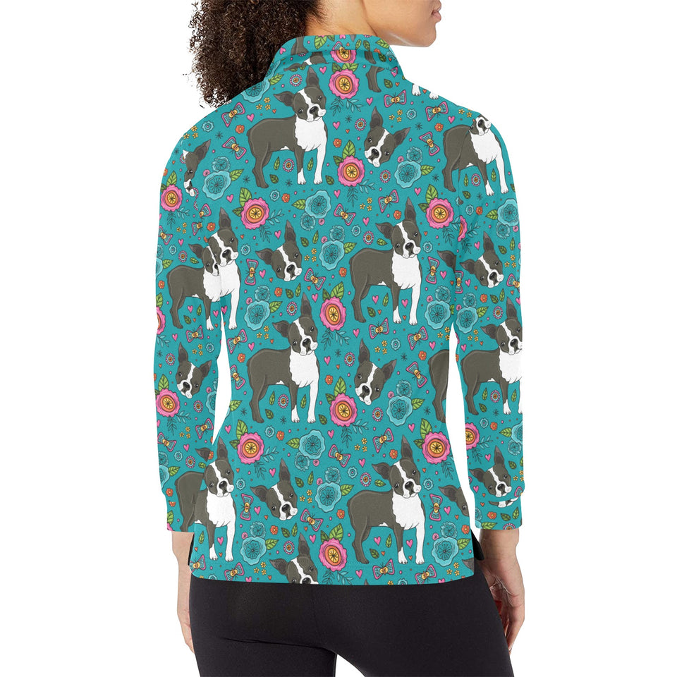Boston terrier beautiful flower pattern Women's Long Sleeve Polo Shirt