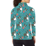 Boston terrier beautiful flower pattern Women's Long Sleeve Polo Shirt