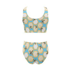 Bee honeycomb pattern Chest Bowknot High Waisted Bikini Swimsuit
