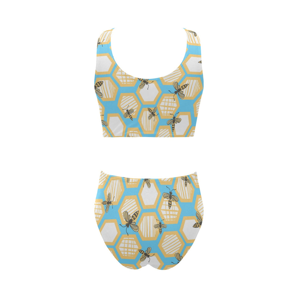 Bee honeycomb pattern Chest Bowknot High Waisted Bikini Swimsuit