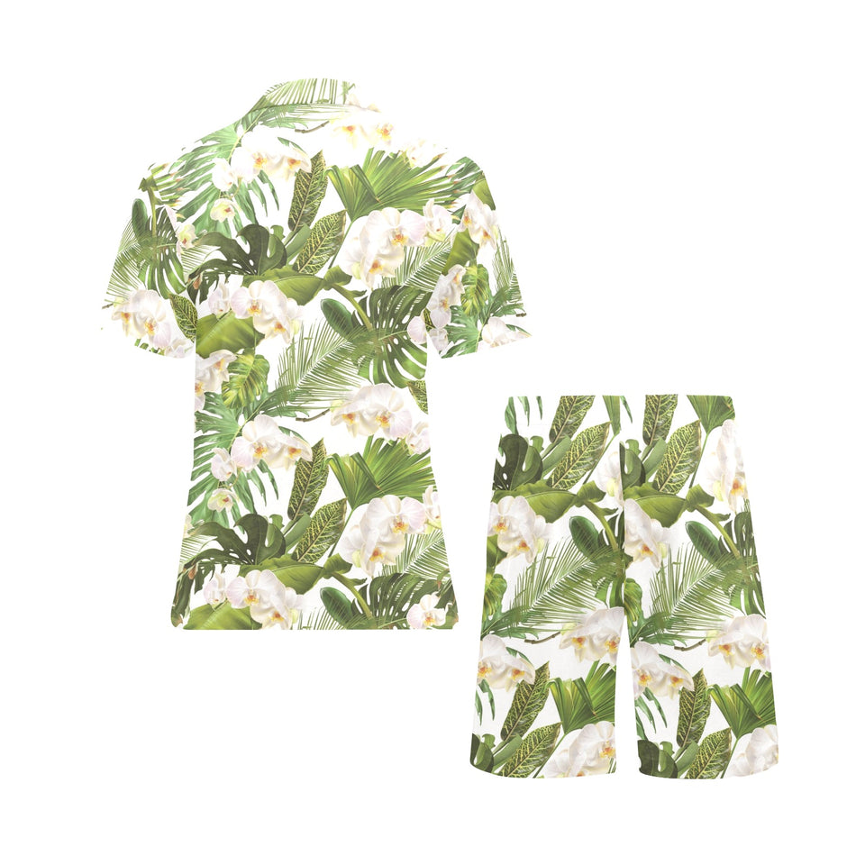 White orchid flower tropical leaves pattern Men's V-Neck Short Pajama Set