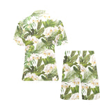 White orchid flower tropical leaves pattern Men's V-Neck Short Pajama Set