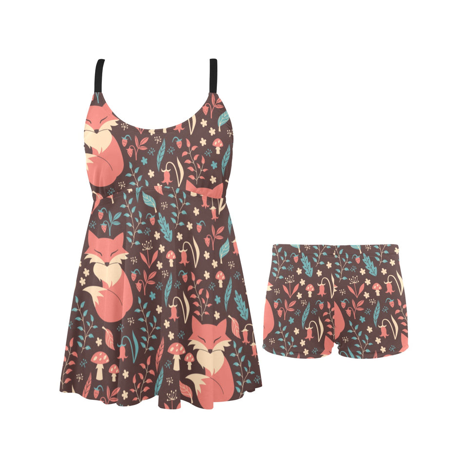 fox leaves mushroom pattern Chest Sexy Pleated Two Piece Swim Dress