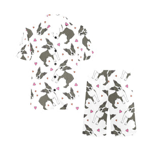 Boston terrier dog hearts vector pattern Men's V-Neck Short Pajama Set