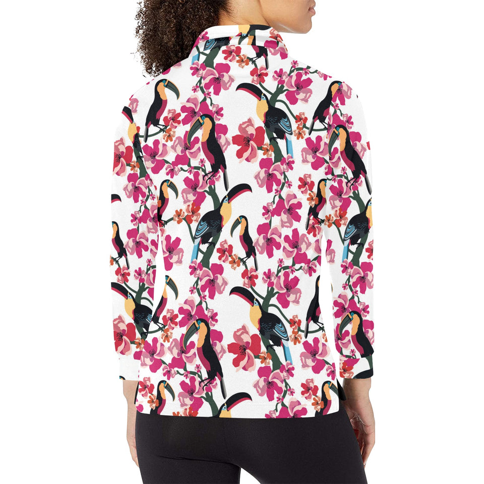 Toucan flower design pattern Women's Long Sleeve Polo Shirt
