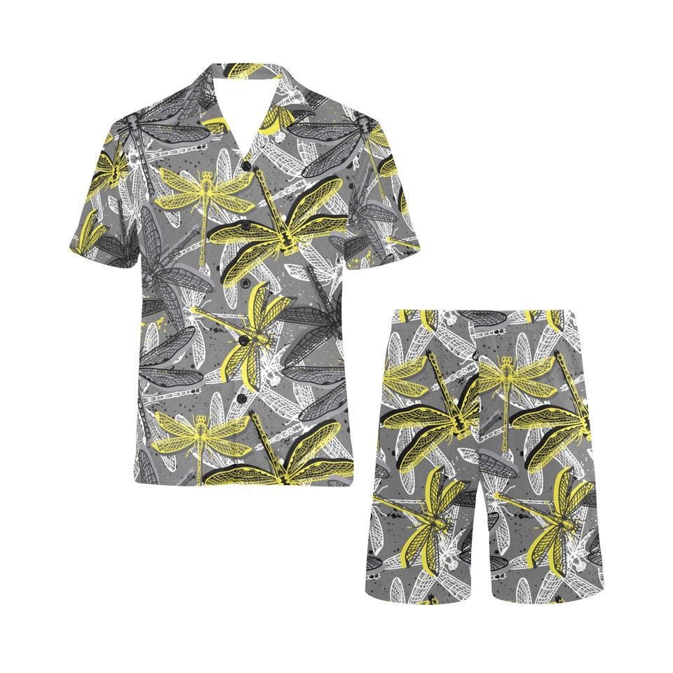 Hand drawn dragonfly pattern Men's V-Neck Short Pajama Set