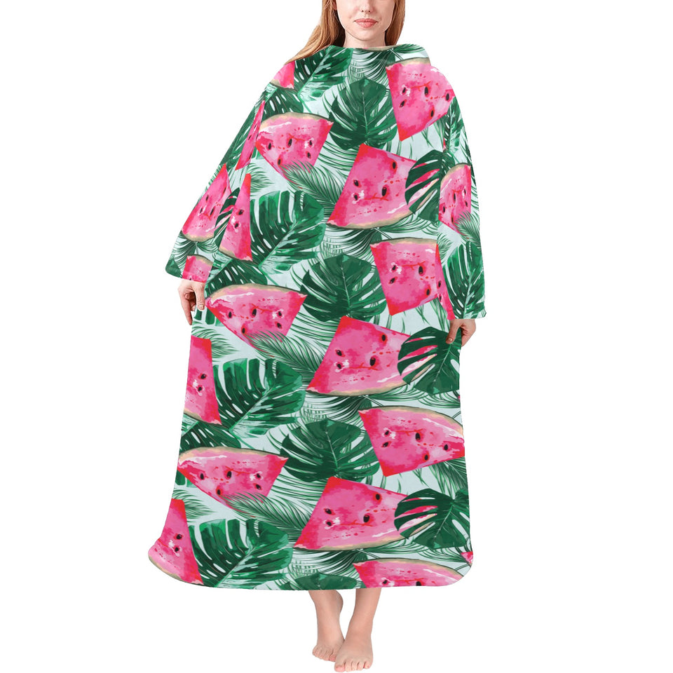 Watermelons tropical palm leaves pattern Blanket Robe with Sleeves