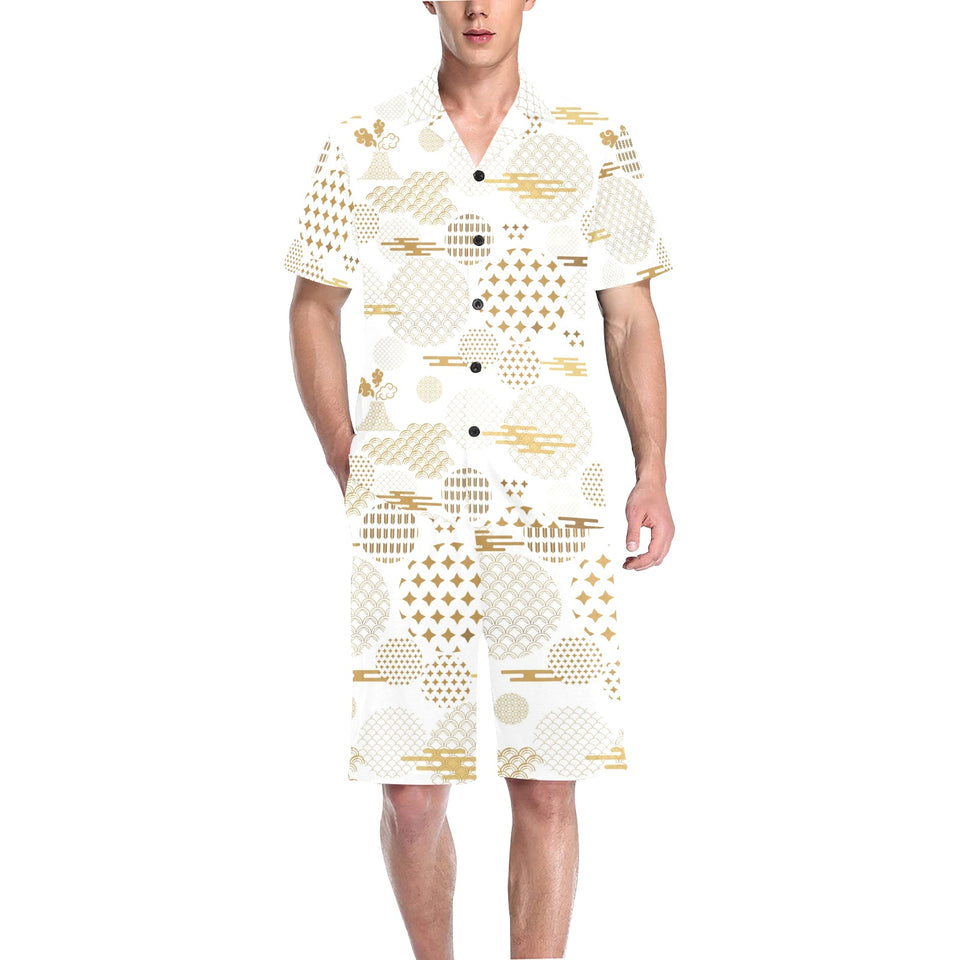 Beautiful gold japanese pattern Men's V-Neck Short Pajama Set