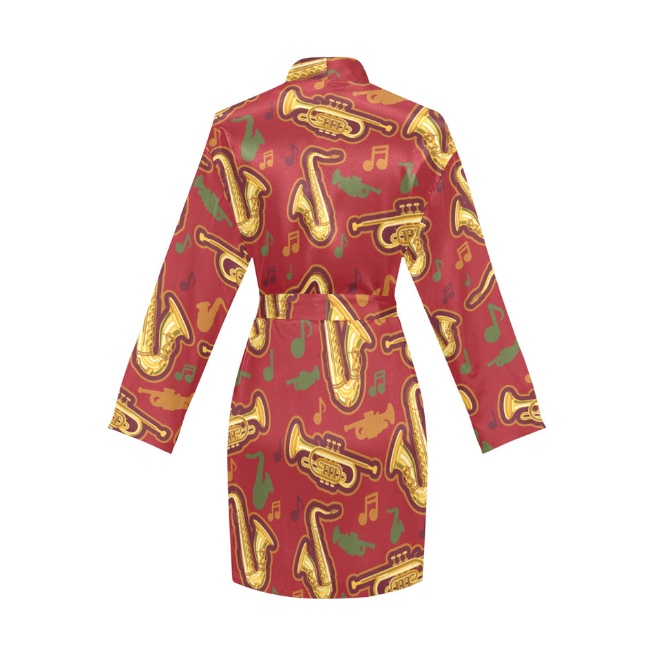 Saxophone cornet pattern red background Women's Long Sleeve Belted Night Robe