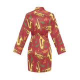 Saxophone cornet pattern red background Women's Long Sleeve Belted Night Robe