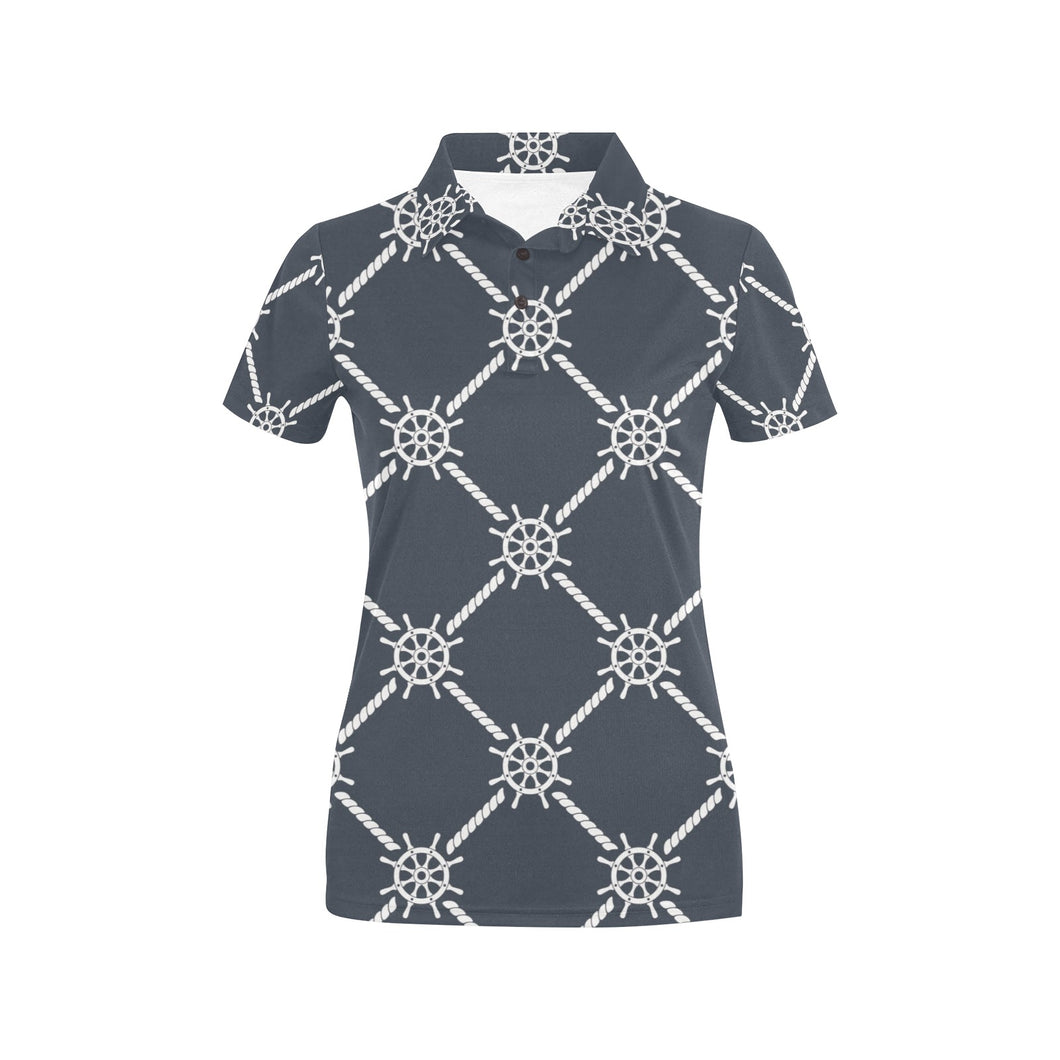 nautical steering wheel rope pattern Women's All Over Print Polo Shirt