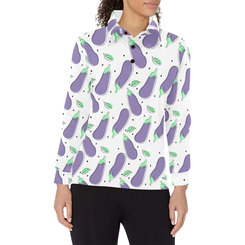 Eggplant Pattern Print Design 05 Women's Long Sleeve Polo Shirt