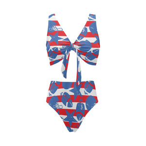 American football ball star stripes pattern Chest Bowknot High Waisted Bikini Swimsuit