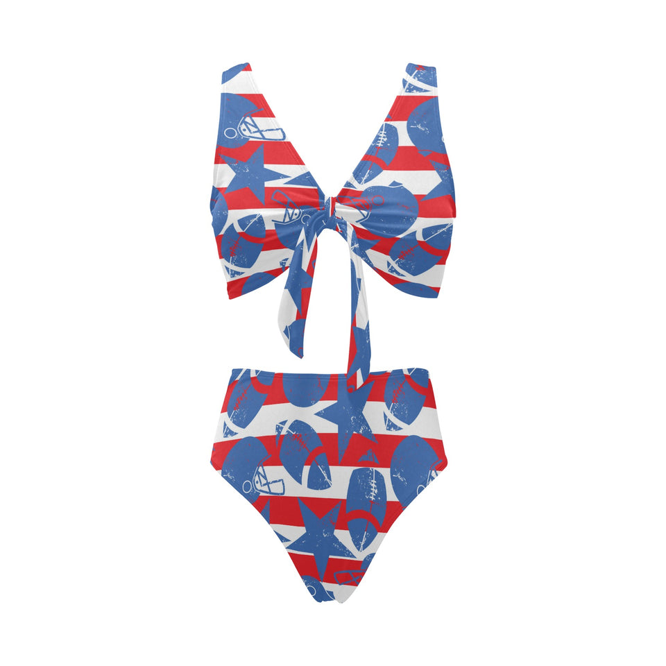 American football ball star stripes pattern Chest Bowknot High Waisted Bikini Swimsuit