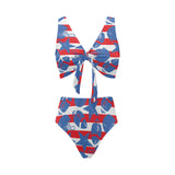 American football ball star stripes pattern Chest Bowknot High Waisted Bikini Swimsuit